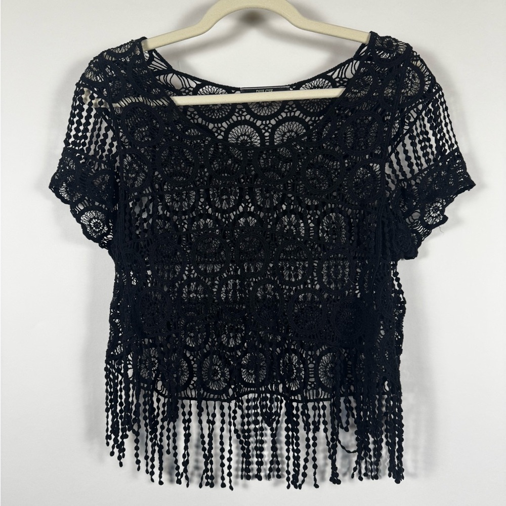 Dulcie Crochet Lace Fringe Top Women Medium Black Whimsigoth Fairy Boho Festival